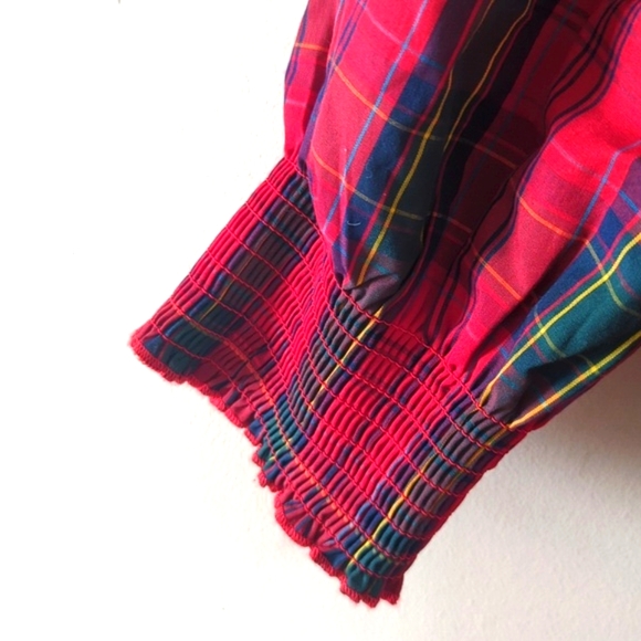 Nicole Miller Red Smocked Tartan Plaid Puff Sleeve Dress S - Picture 10 of 16